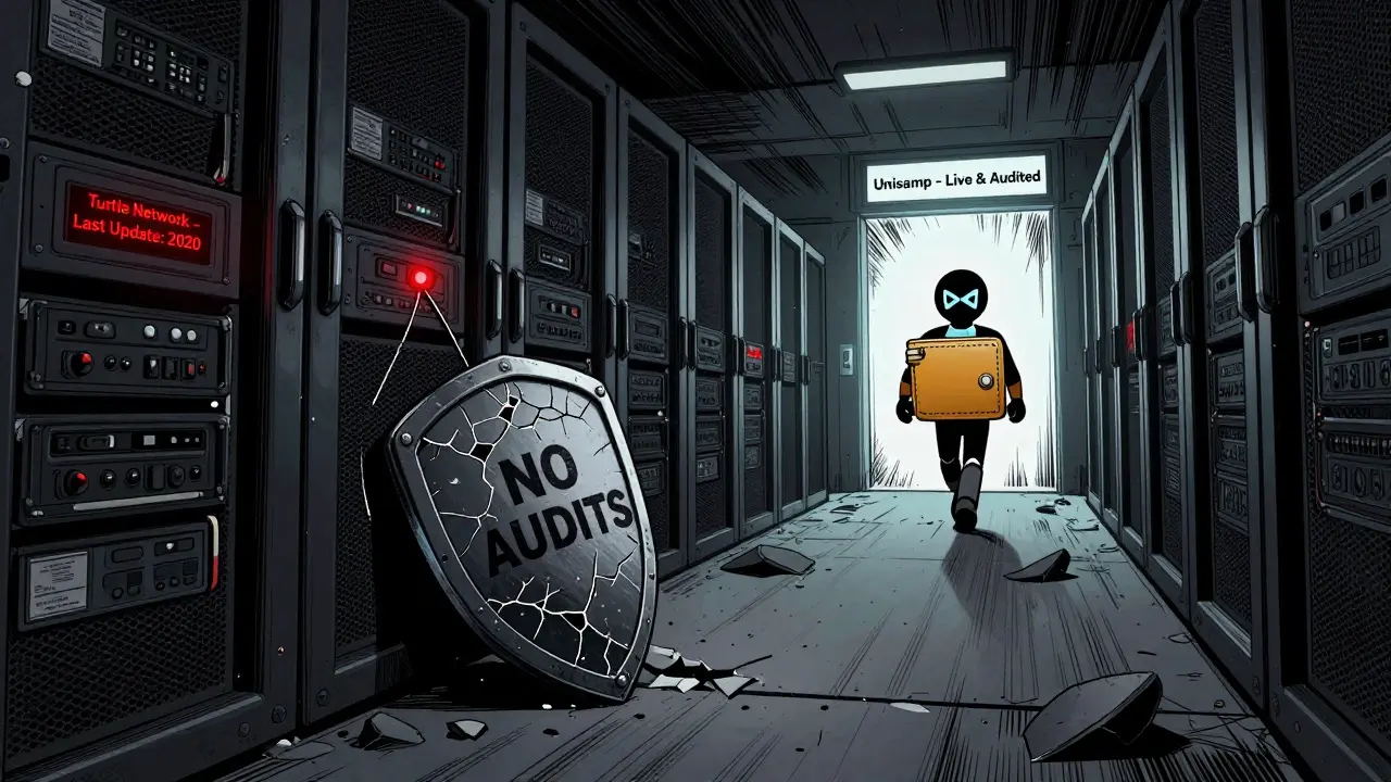 An abandoned server room with a broken 'No Audits' shield as a heroic wallet walks toward a live DEX portal in comic book style.