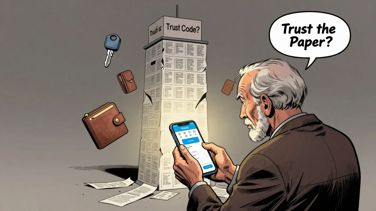 An elderly voter confused by a digital voting app, while a sturdy paper ballot tower stands behind them.