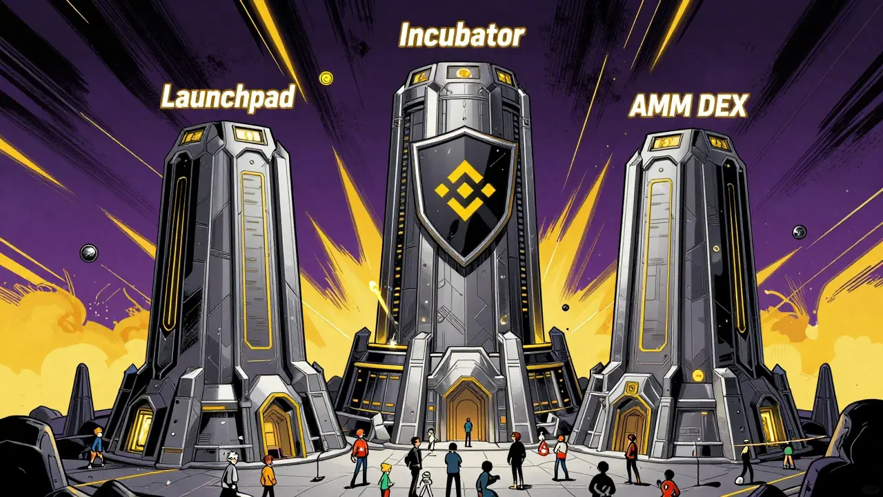 Anypad’s three core platforms as a futuristic fortress guarded by an anti-bot shield, with users contributing liquidity below.