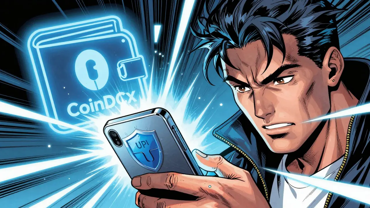 Close-up of UPI transaction on CoinDCX with security shield and 5x leverage energy.
