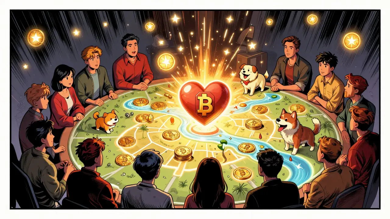 Community gathered around a holographic Yummy Coin ecosystem with staking rewards, stablecoin river, and NFT guardians.