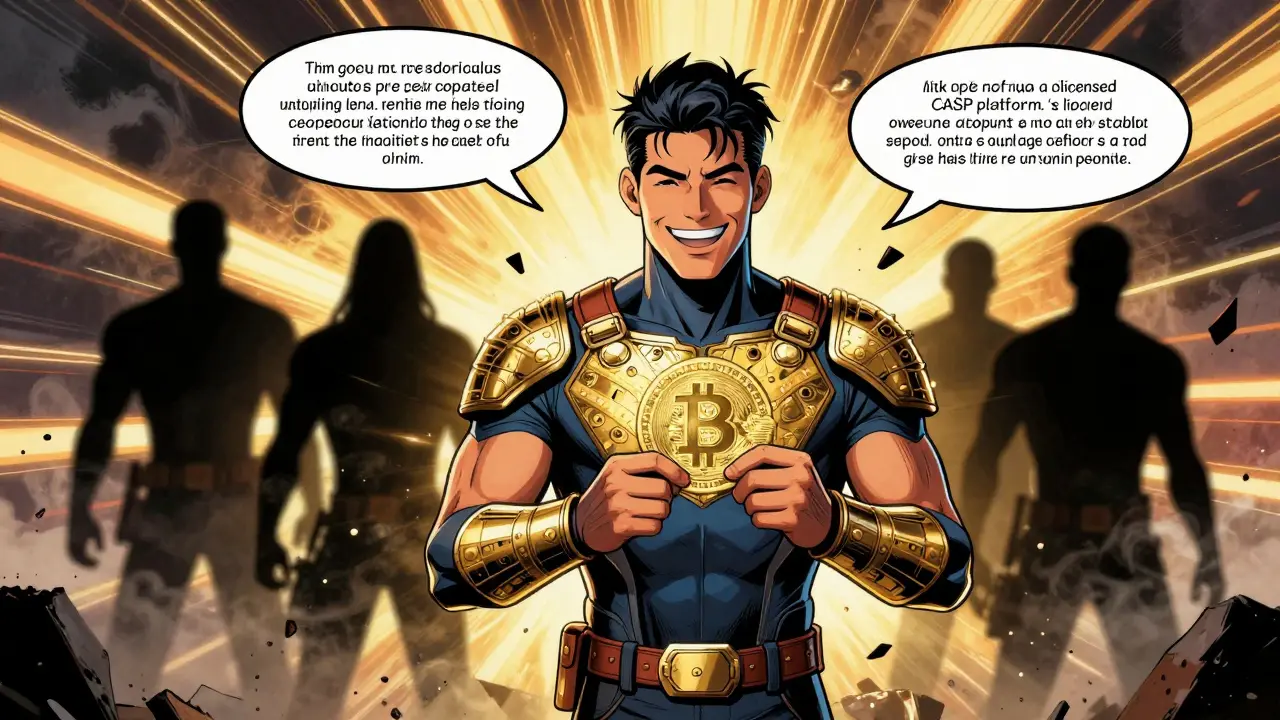 Filipino user depositing crypto into licensed platform, unlicensed exchanges crumbling behind them.