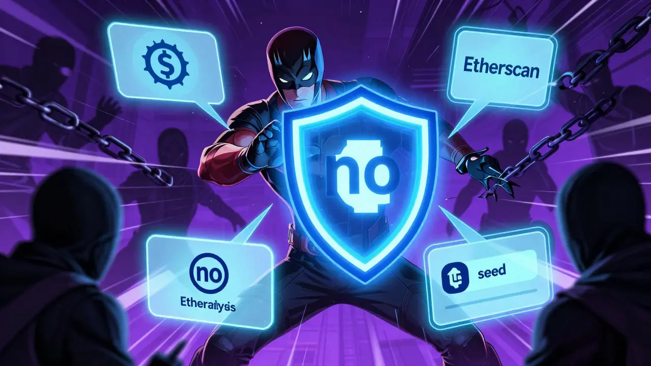 Hero using security tools to protect wallet from scammer draining funds