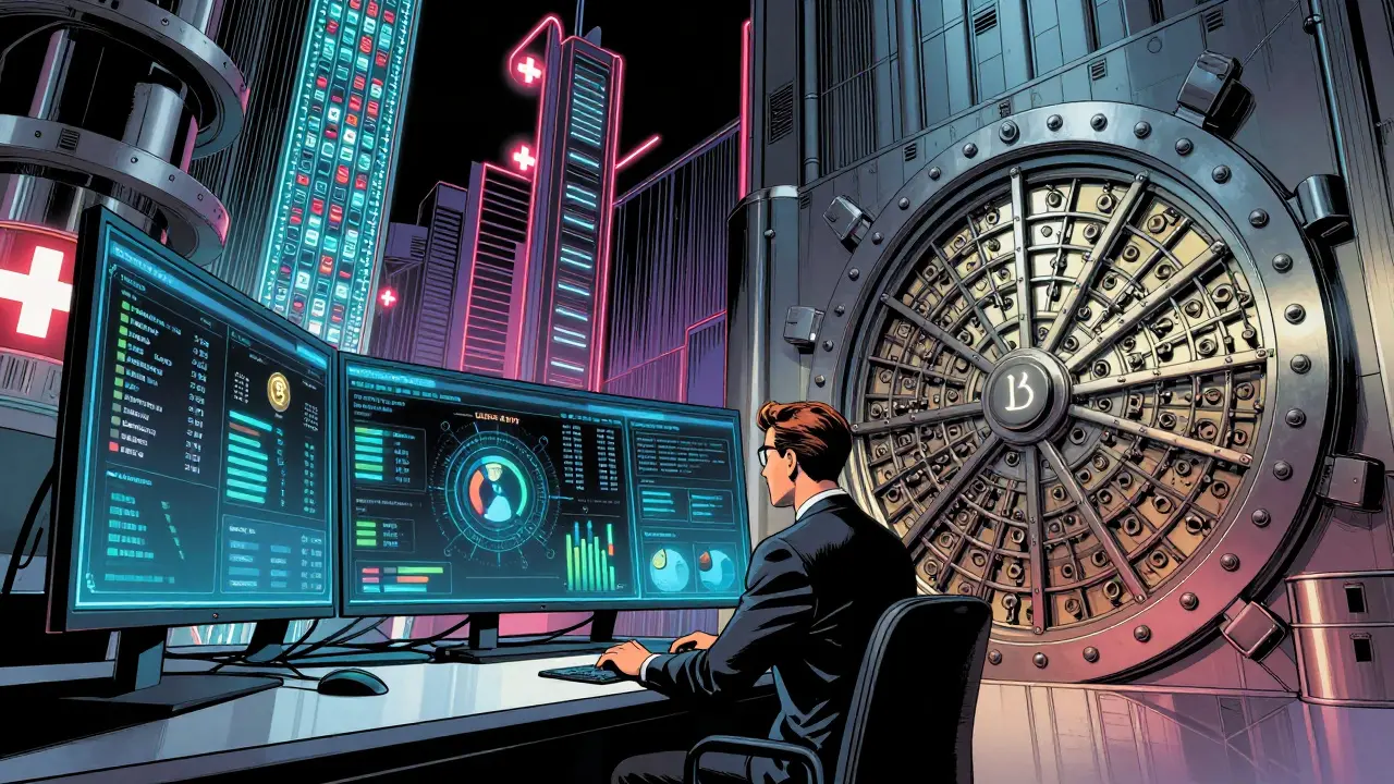 Institutional investors use AI dashboards to monitor crypto risk and vote on blockchain upgrades in a futuristic Swiss bank.