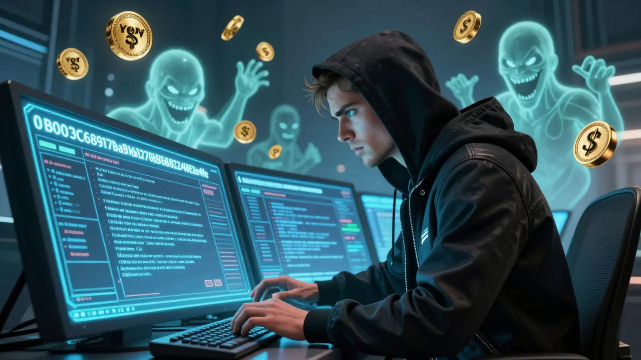 Investor carefully entering a contract address as fake tokens loom behind, in a high-tech cyber environment.