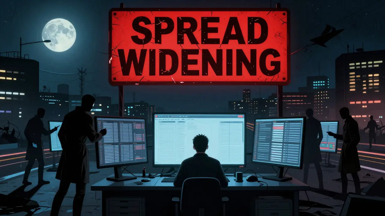 Lonely trader at night trying to sell ETH as market makers pull orders, empty order book lanes and wide spread warning sign.