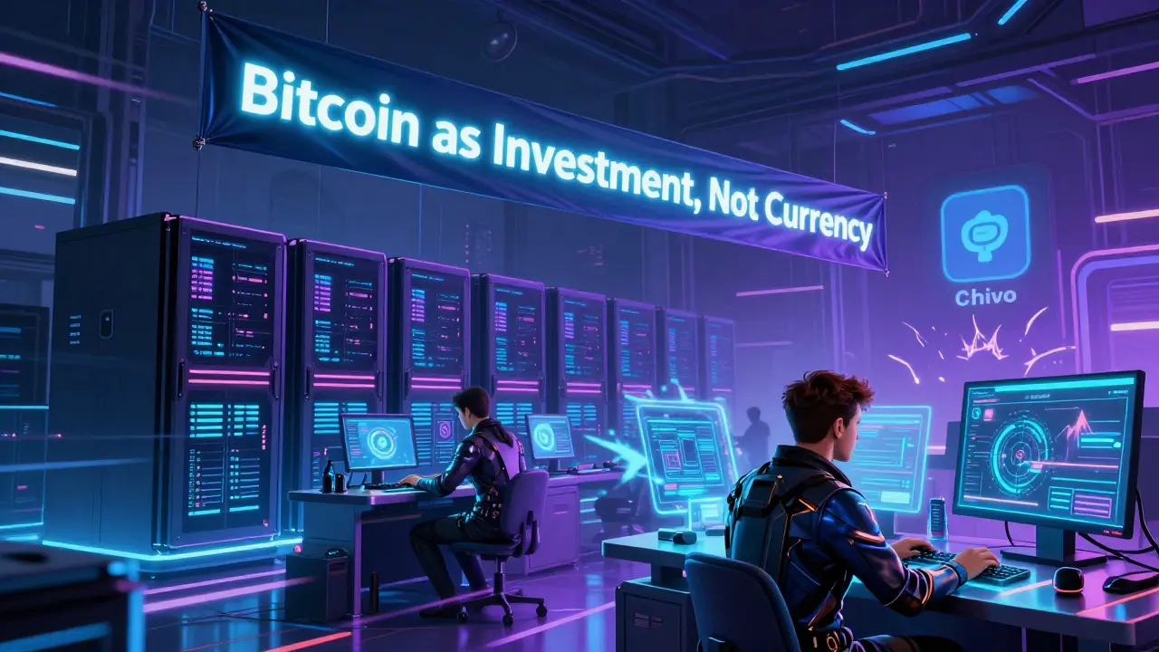 Neon-lit crypto hub in San Salvador with tech workers at holographic terminals, Chivo wallet fading in background.