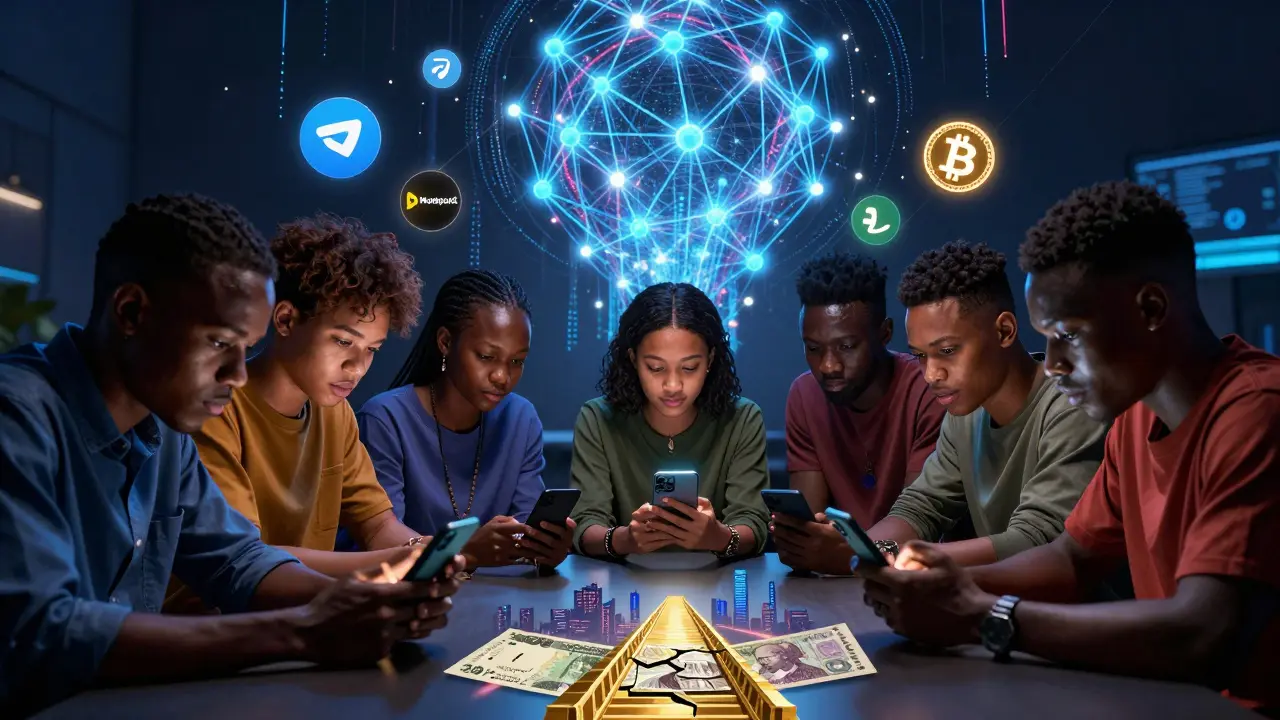 Nigerian youth learn crypto trading from smartphone screens as a glowing blockchain network pulses above them.