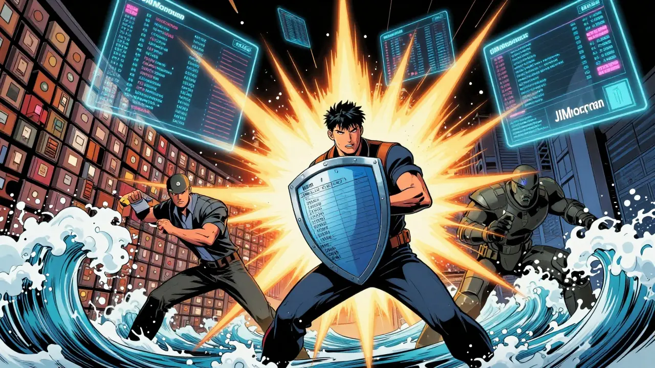 Retail trader with limit order shield battling spoofed buy walls and institutional market makers in epic comic battle.