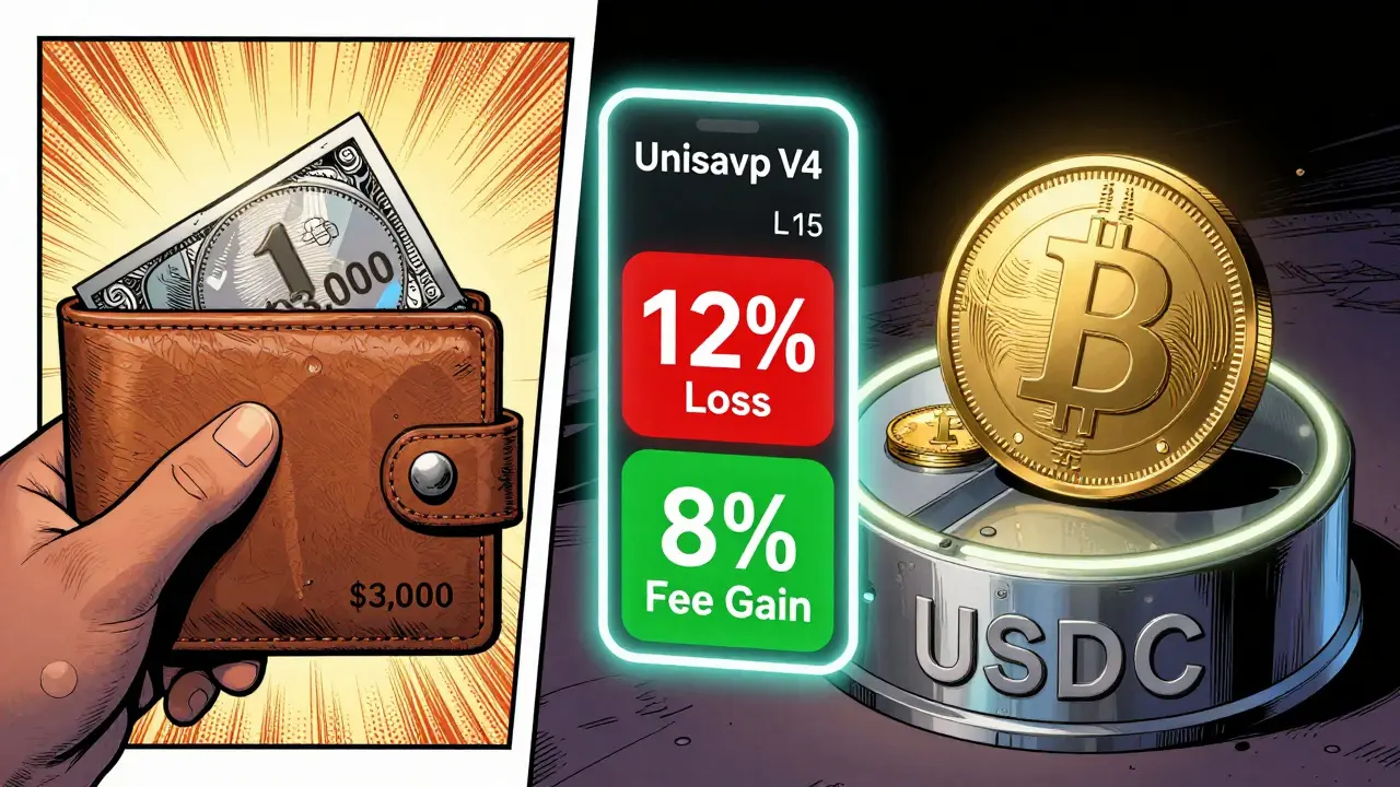Split-screen comparison of holding ETH versus holding it in a liquidity pool, with a calculator displaying loss and fee percentages.