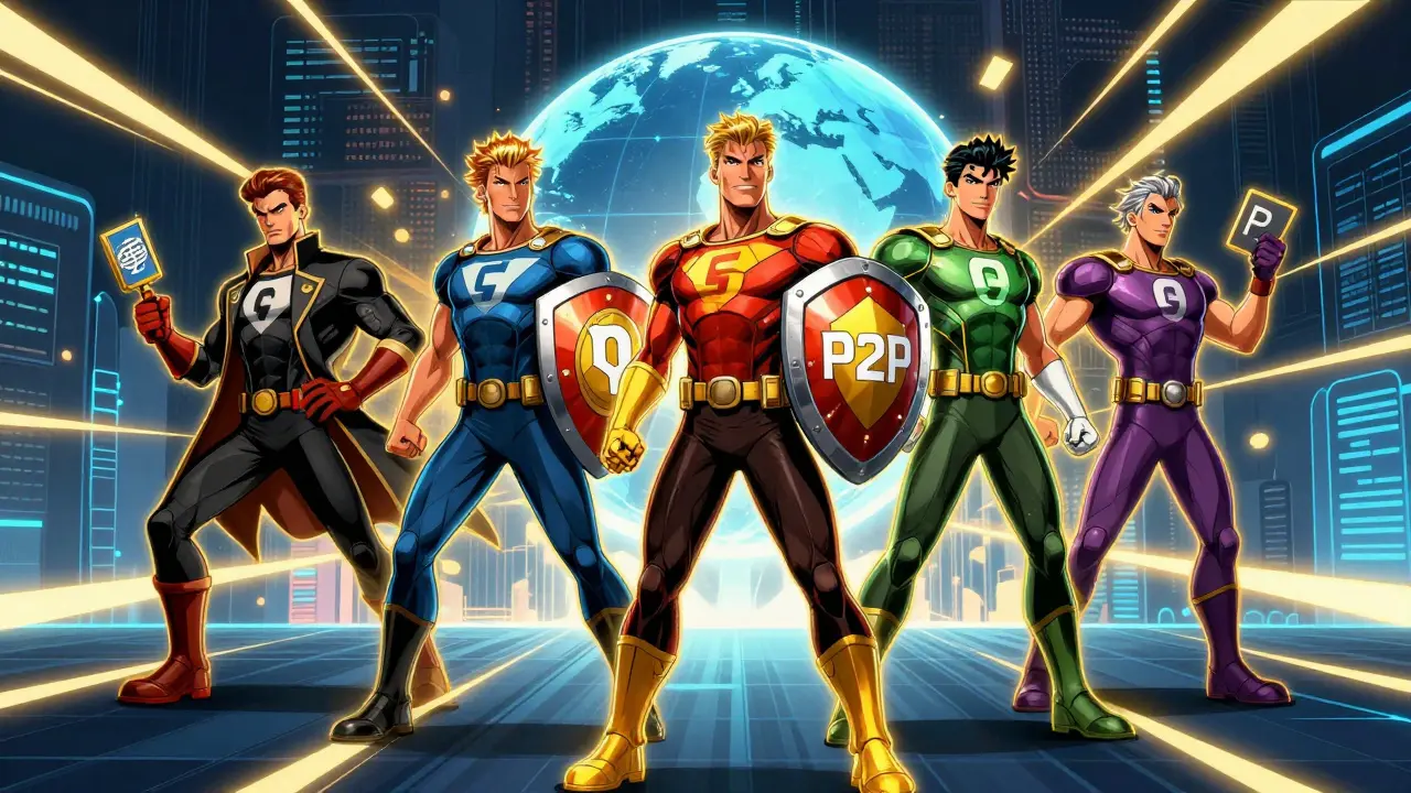 Team of superhero characters representing crypto exchanges with unique features.