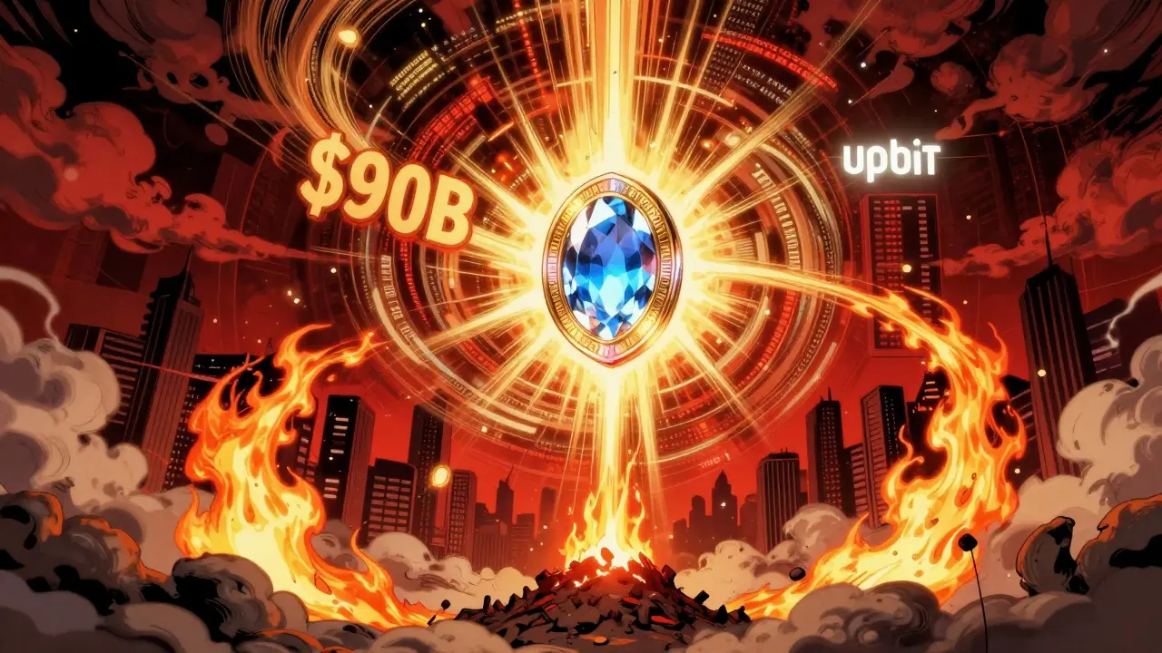 The ORDER token gem glows at the center of a vortex of trading volume, with token burns and Upbit's logo in the background.