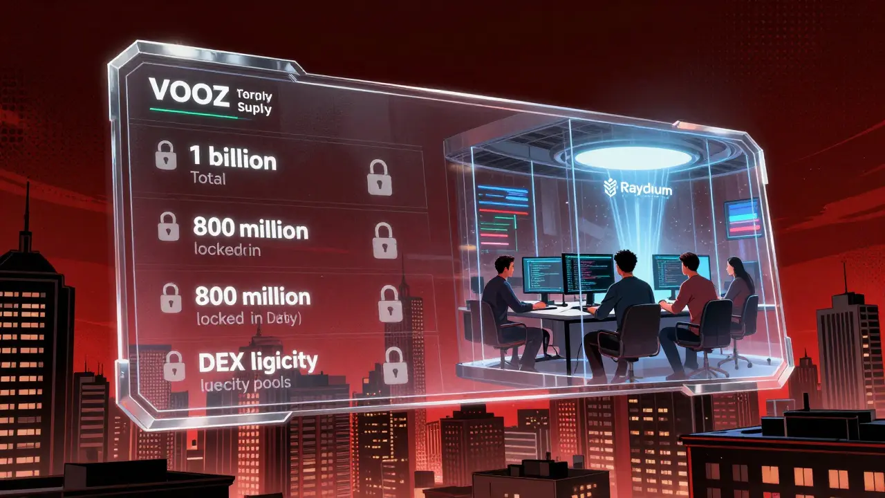 A blockchain dashboard with locked liquidity pools and developers livestreaming, Raydium logo shining in the sky.