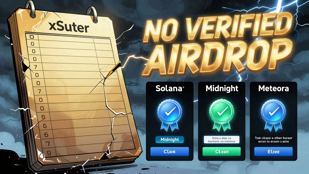 A broken xSuter blockchain ledger next to three verified Solana airdrops, under a stormy sky with lightning spelling out 'NO VERIFIED AIRDROP'.