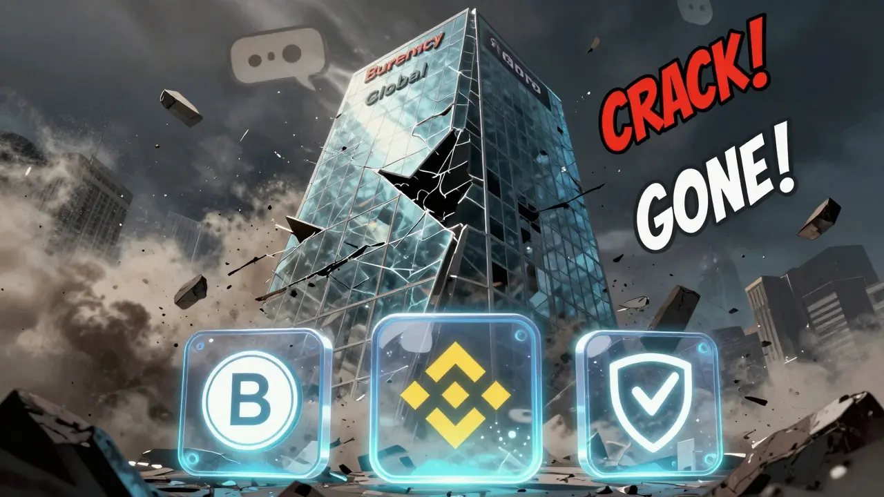 A collapsing fake exchange tower with only a 2019 date left, while trusted exchanges stand strong and lit in the foreground.