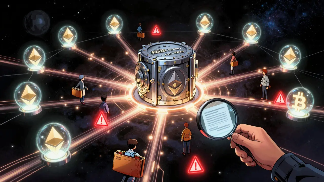 A cosmic blockchain network channeling tokens to a vault labeled 'BULL Launch', comic book style.