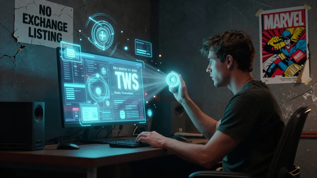 A creator stares at holographic viewer data while AI patterns swirl nearby, with a 'NO EXCHANGE LISTING' sign on the wall.