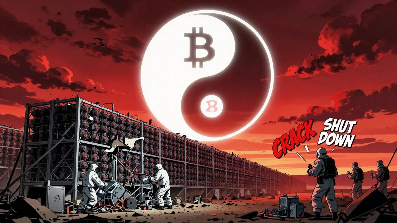 A destroyed Bitcoin mining facility as soldiers dismantle equipment, with the Digital Yuan emblem looming over a blood-red sky.