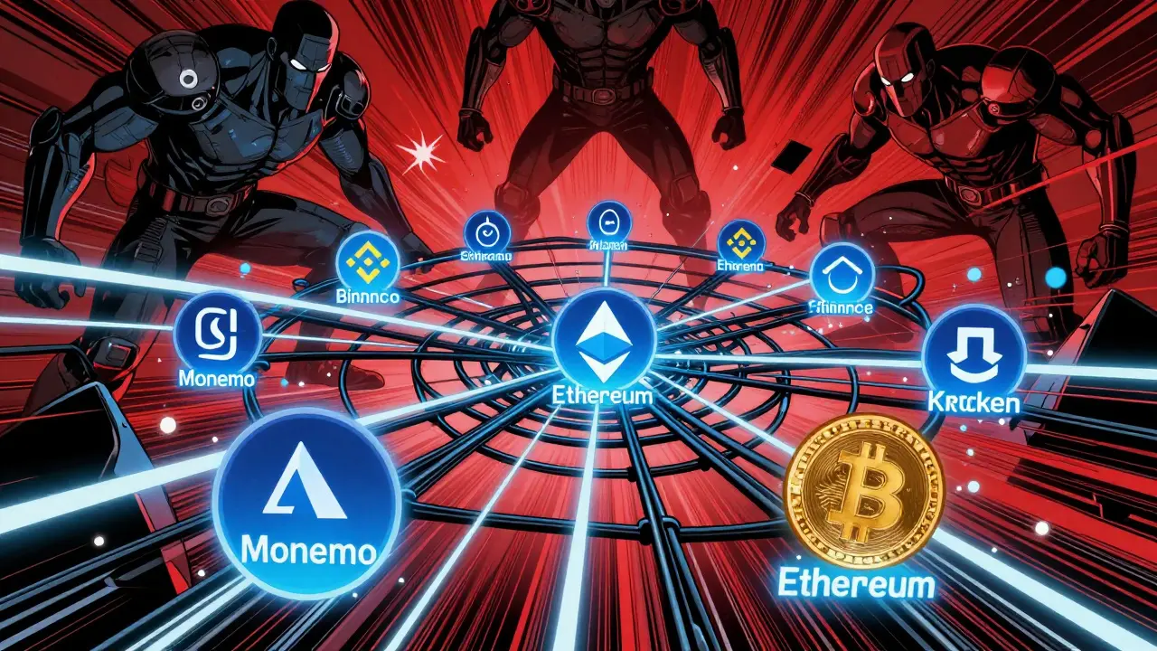 A digital surveillance net capturing crypto wallets as giant exchange logos loom like enforcers in a comic book scene.