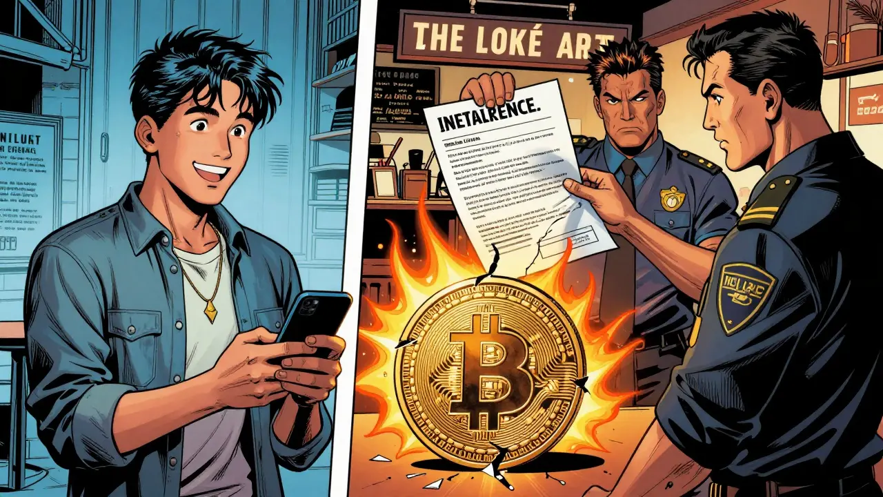 A freelancer receives crypto while a café owner is confronted by a government inspector over a cracked Bitcoin coin.