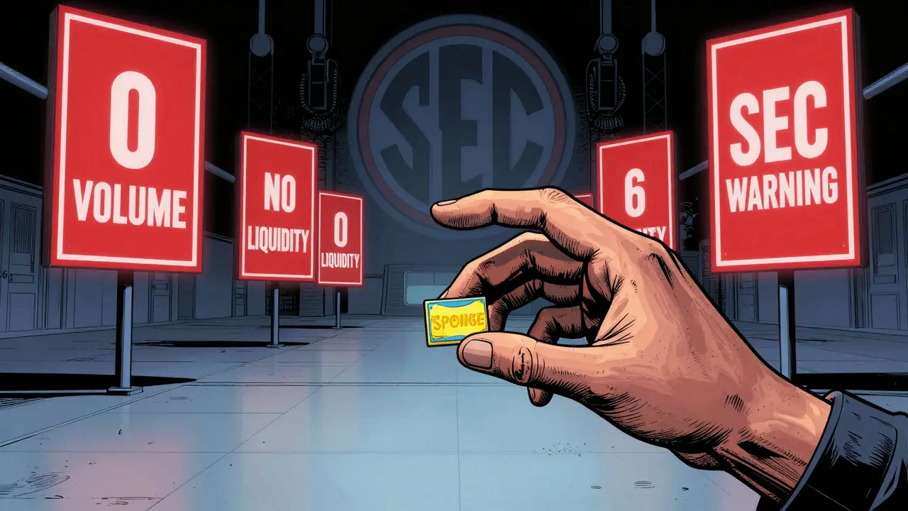 A hand reaches for a tiny SPONGE token on an empty trading floor with giant warning signs and a shadowy SEC emblem looming.