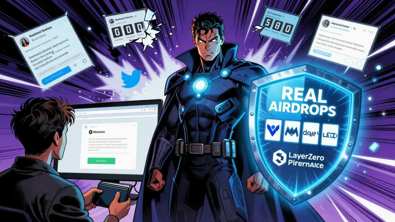 A hero blocks a scam site while real airdrop projects shine safely in the background.