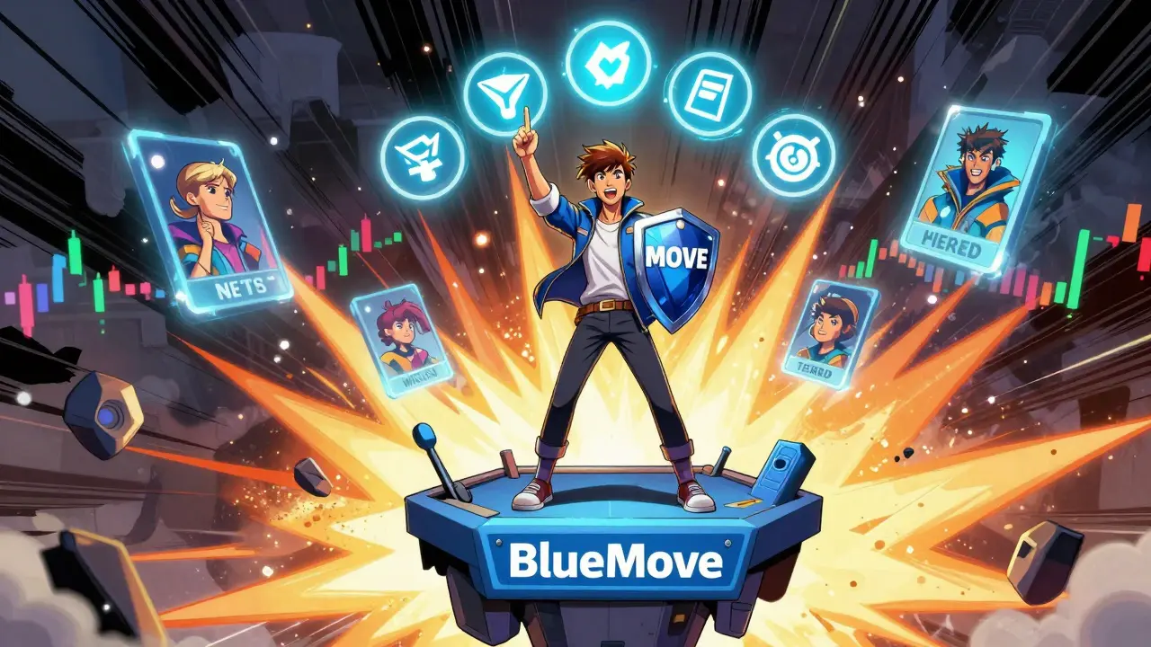 A hero holding a MOVE token that projects five utility icons, surrounded by swirling NFTs and trading volume graphs in a comic book action scene.
