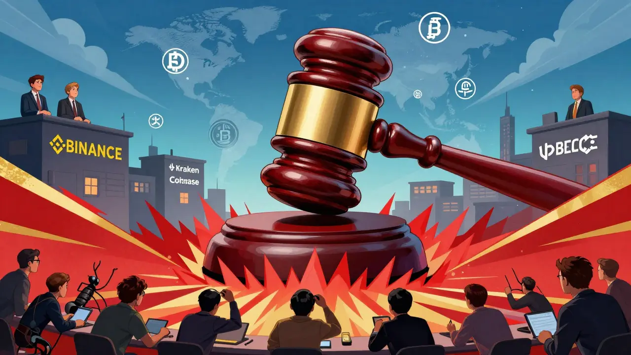 A massive regulatory gavel descending over crypto exchanges, with price shockwaves rippling as retail traders scramble below.