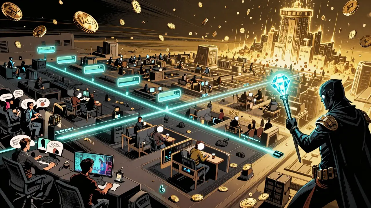 A massive social platform map showing user growth from 75k to 5 million, VOOZ tokens raining down as a masked figure holds a Diamond scepter.