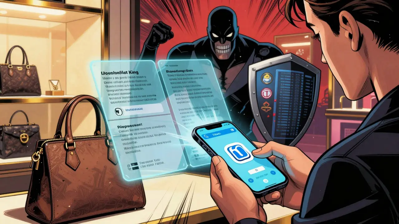 A person scanning a handbag's NFC chip to reveal a digital ownership passport, with a counterfeit villain in the background.