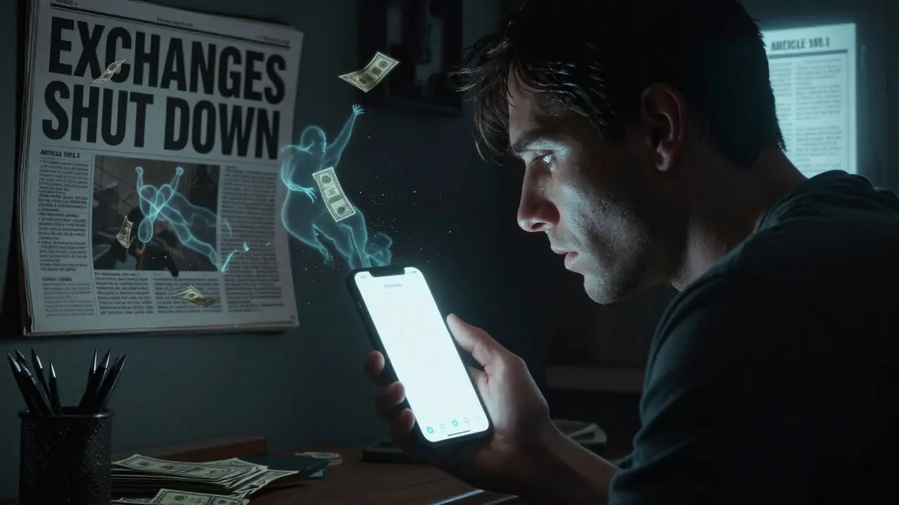 A Russian user staring at a frozen crypto app as ghostly funds drift away, with legal warnings on the wall.