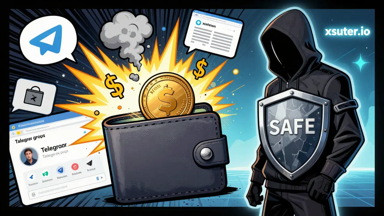 A shielded wallet protects a single XSUTER token while fake scam sites explode around it, guarded by a hacker hero.