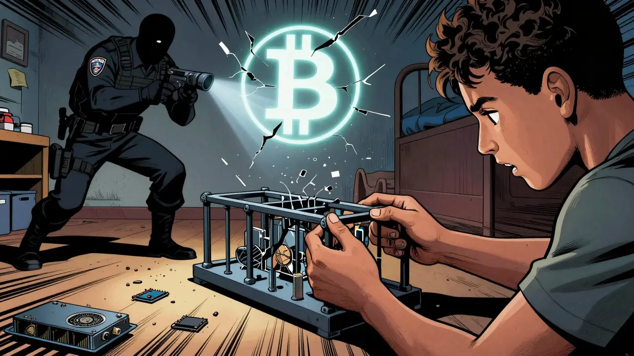 A student's mining rig is seized from a dorm room, shattered components on the floor.