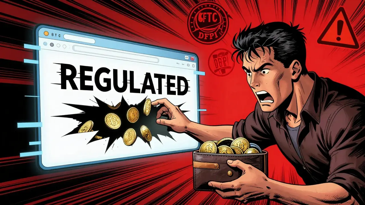 A user losing crypto to a glitching fake exchange, with regulatory warning logos looming above as coins vanish into darkness.