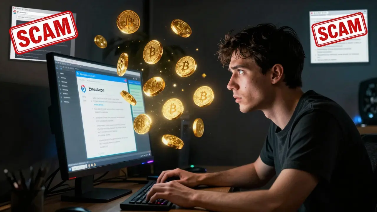 A user watching golden BULL tokens appear in their wallet while phishing sites glow red nearby, comic book style.