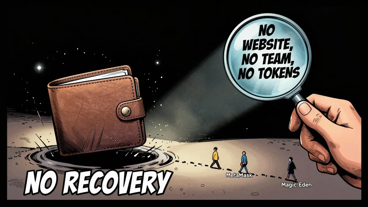 A wallet vanishes into a black hole labeled 'NO RECOVERY' as verified project names walk away safely.