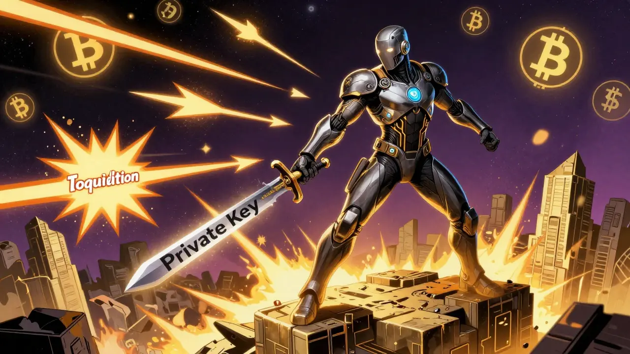 A warrior holding a private key sword defending against funding rate arrows on a blockchain battlefield, with Bitcoin and USDT symbols clashing.