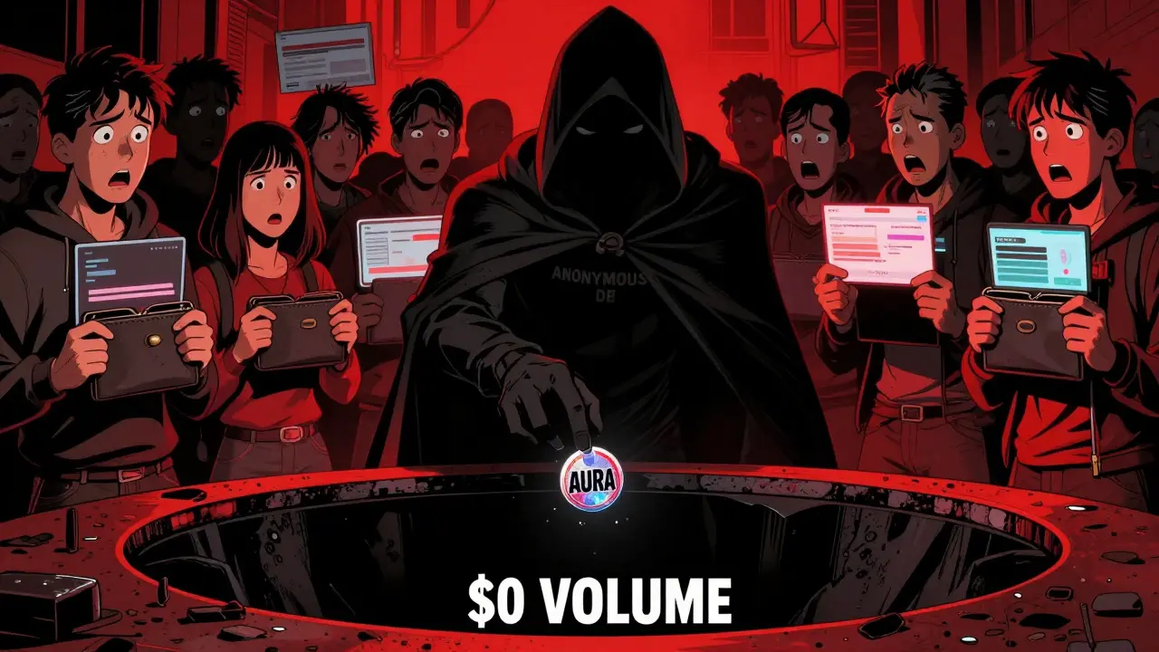 An anonymous developer drops a token into a void labeled '<h2>What Happens If You Use It?</h2> volume' as users panic with empty wallets.