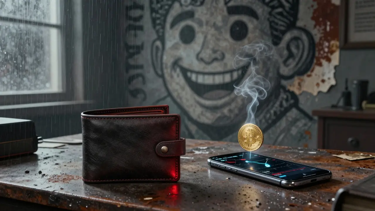 An empty wallet beside a dead WEWECOIN chart, a fading meme mural peeling away, symbolizing the collapse of a memecoin dream.