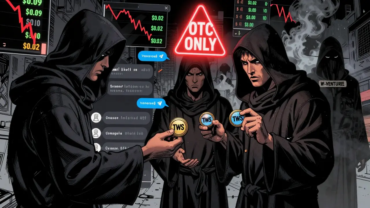 Anonymous figures trade TWS tokens through a dark chat, with crashing price charts and a 'OTC ONLY' warning glowing red.