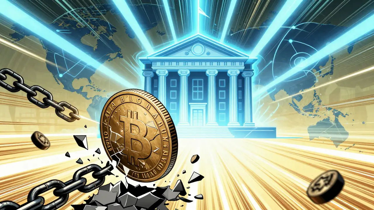 Comic art depicting future digital currency regulation and financial freedom.