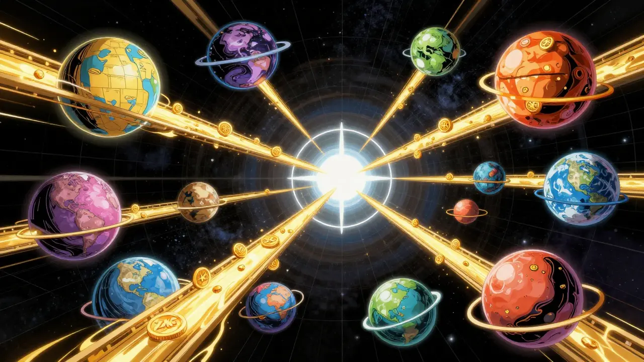 Connected blockchain spheres linked by golden token bridges.