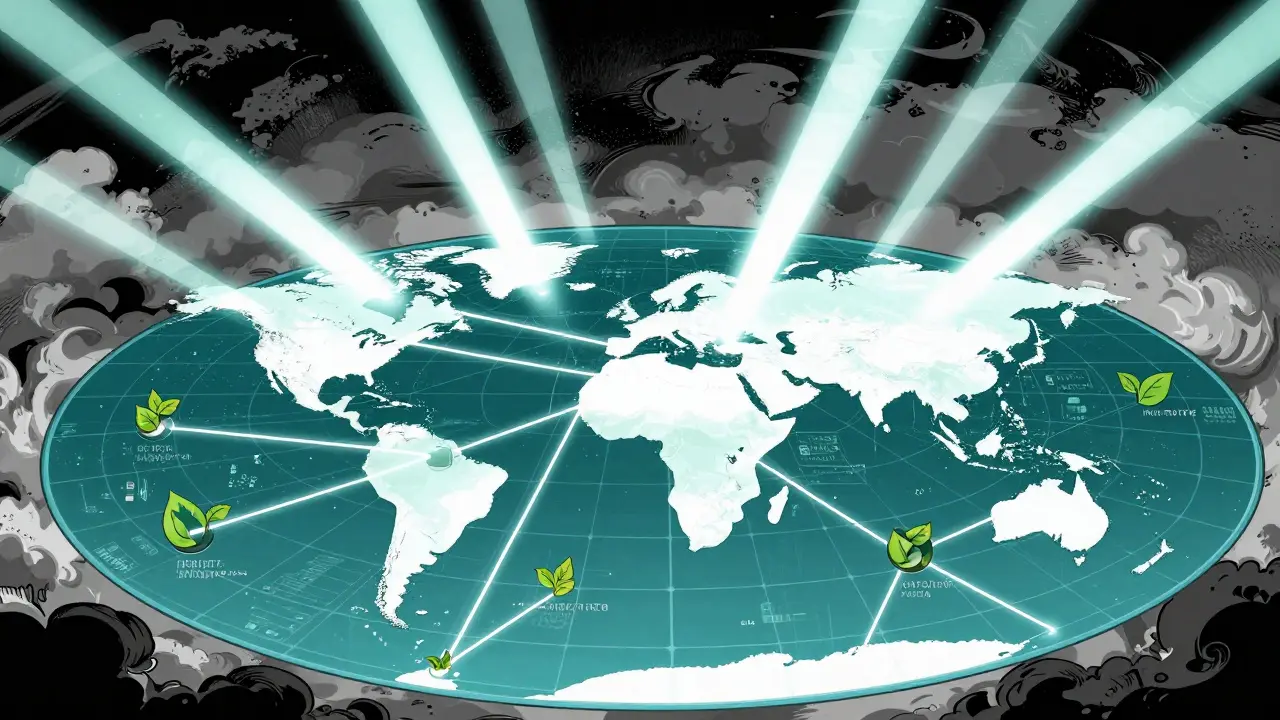 Digital grid over earth symbolizing global compliance networks