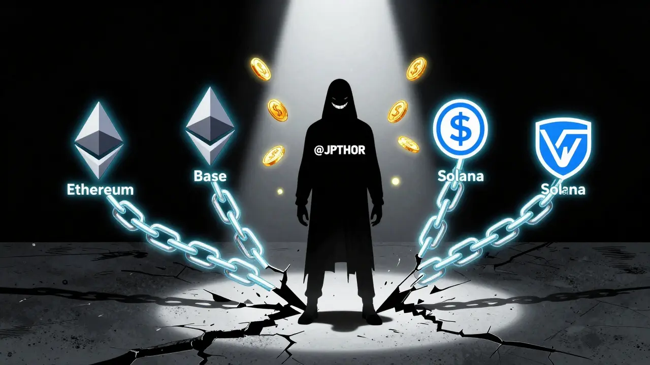 Four conflicting blockchain chains with WEWE prices, a shadowy figure offering fake USDC coins, symbols of deception in comic book style.