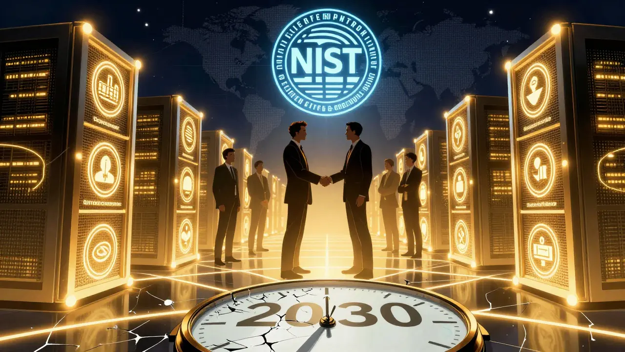 Global leaders unite under a NIST seal as a clock ticks toward 2030, with glowing quantum-safe encryption pulsing across data centers.