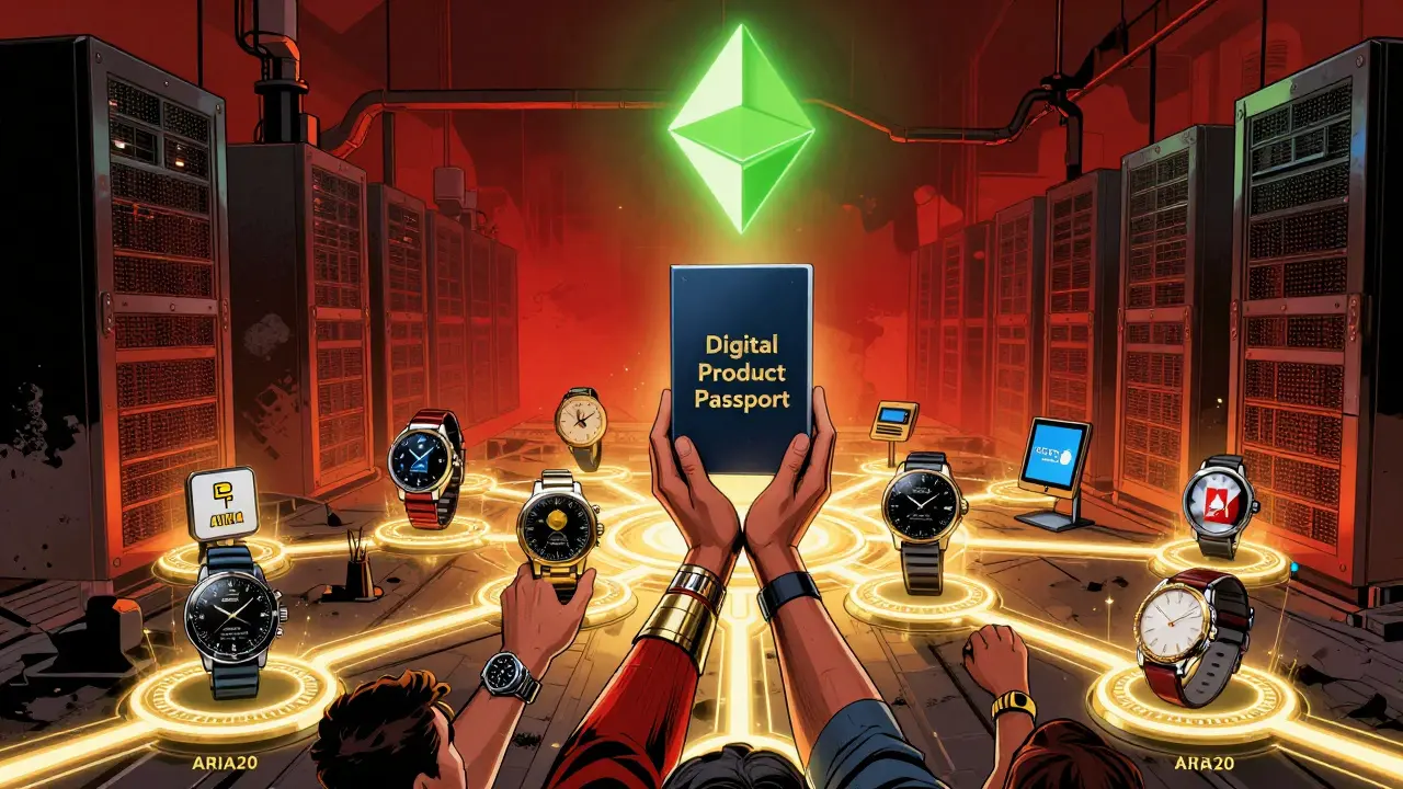 Global luxury brands connected by ARIA20 tokens across blockchains, with a digital passport monument glowing in the center.