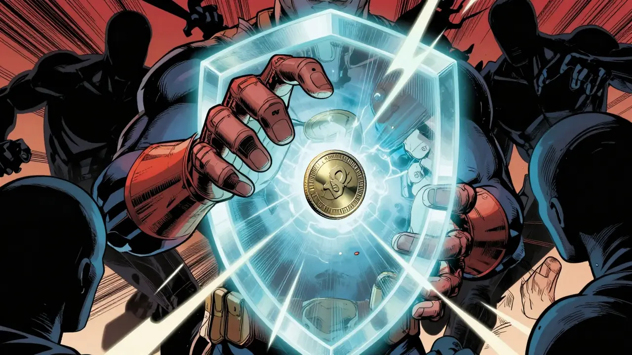 Gloved hands holding shield protecting coin from dark shapes.