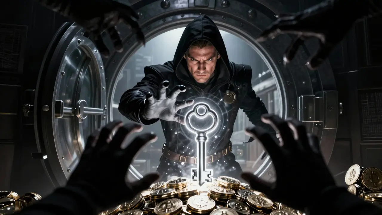 Guardian protecting crypto vault from shadowy hands with force field.