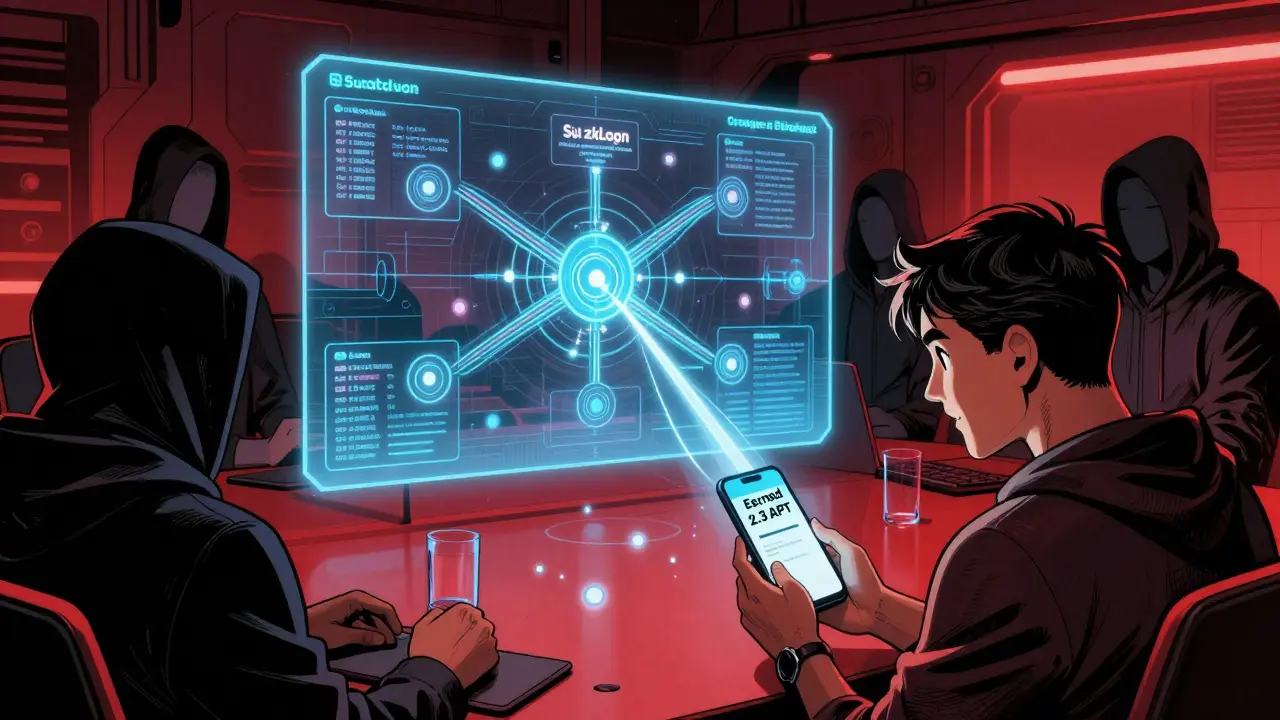 Hooded users vote on a holographic roadmap for BlueMove while a young person earns rewards on their phone, connected by glowing transaction trails.