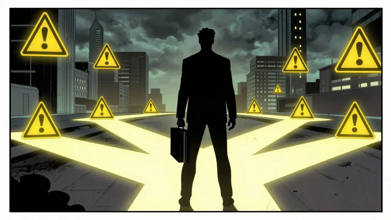 Investor at crossroads with hazard symbols